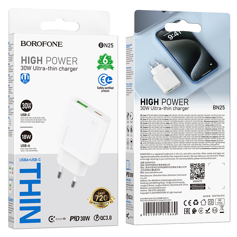 Chargeur réseau Borofone BN25 Wish, 30W, 3A, 1 x USB-A - 1 x USB-C, blanc