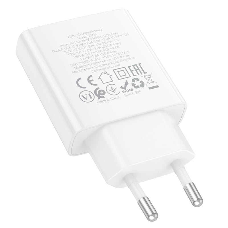 Chargeur réseau Borofone BN25 Wish, 30W, 3A, 1 x USB-A - 1 x USB-C, blanc