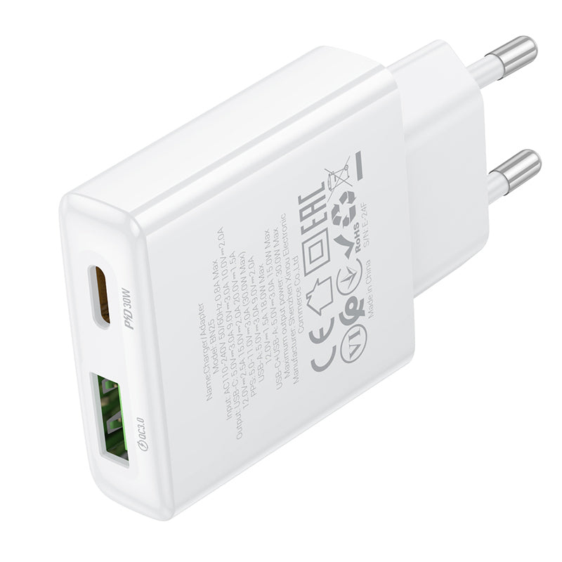 Chargeur réseau Borofone BN25 Wish, 30W, 3A, 1 x USB-A - 1 x USB-C, blanc
