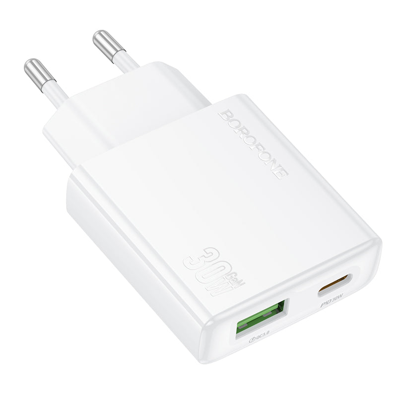 Chargeur réseau Borofone BN25 Wish, 30W, 3A, 1 x USB-A - 1 x USB-C, blanc