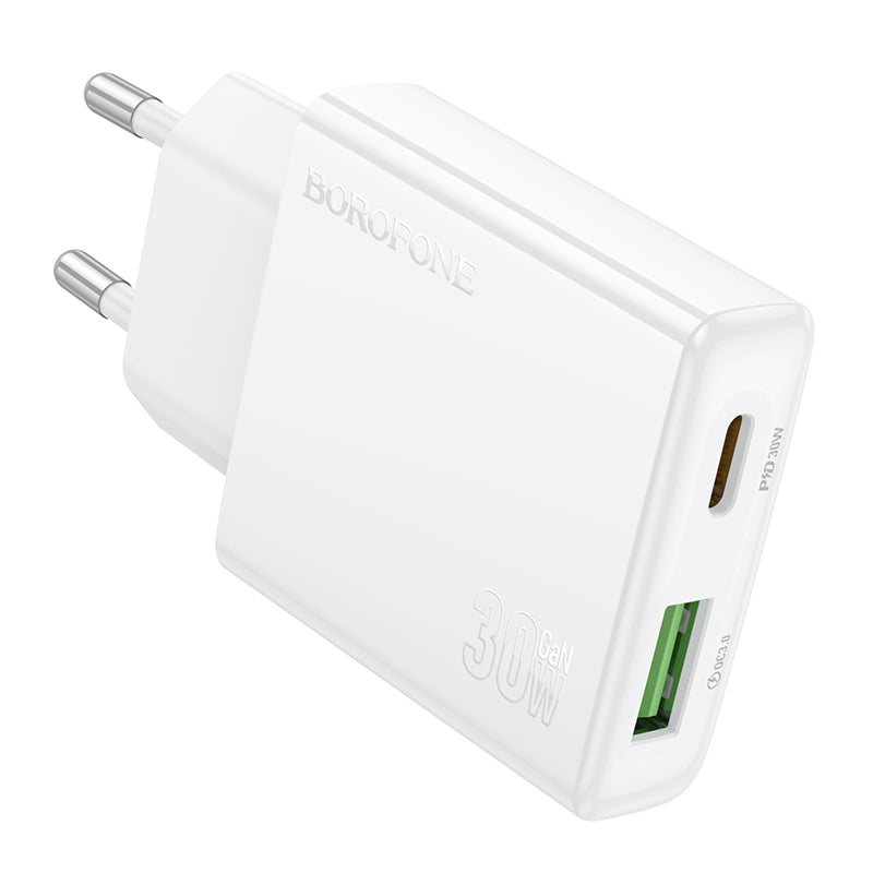 Chargeur réseau Borofone BN25 Wish, 30W, 3A, 1 x USB-A - 1 x USB-C, blanc