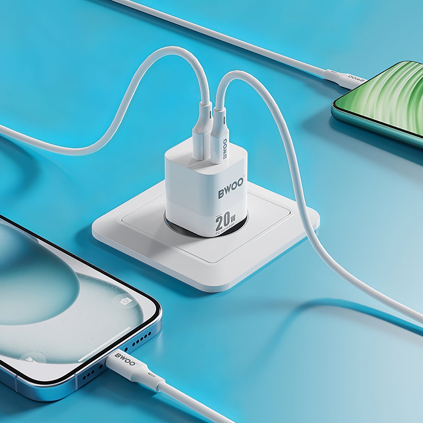 Chargeur réseau BWOO BO-CDA156, 20W, 3A, 1 x USB-A - 1 x USB-C, blanc