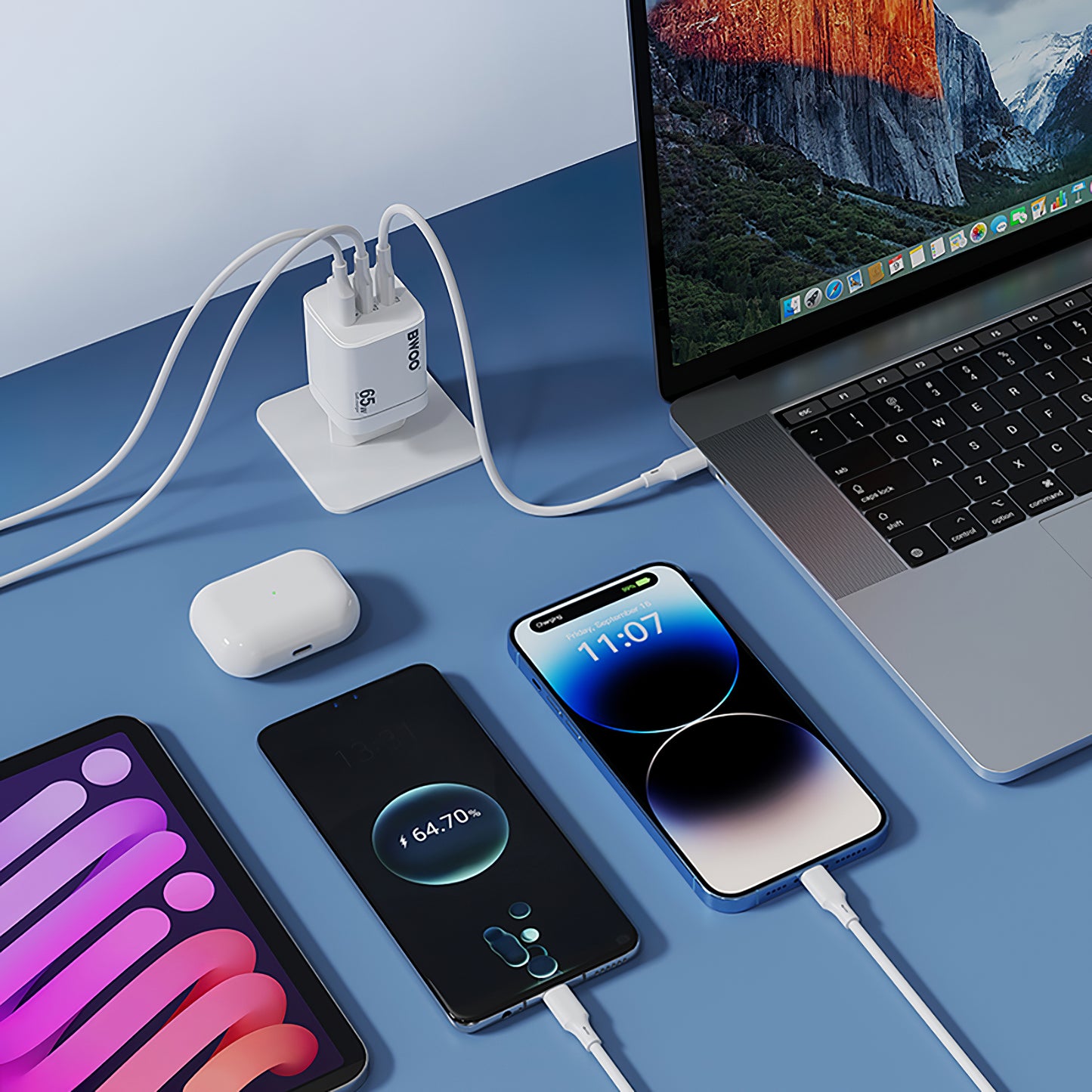 Netzladegerät BWOO CDA147, 65W, 4.5A, 1 x USB-A - 2 x USB-C, Weiß