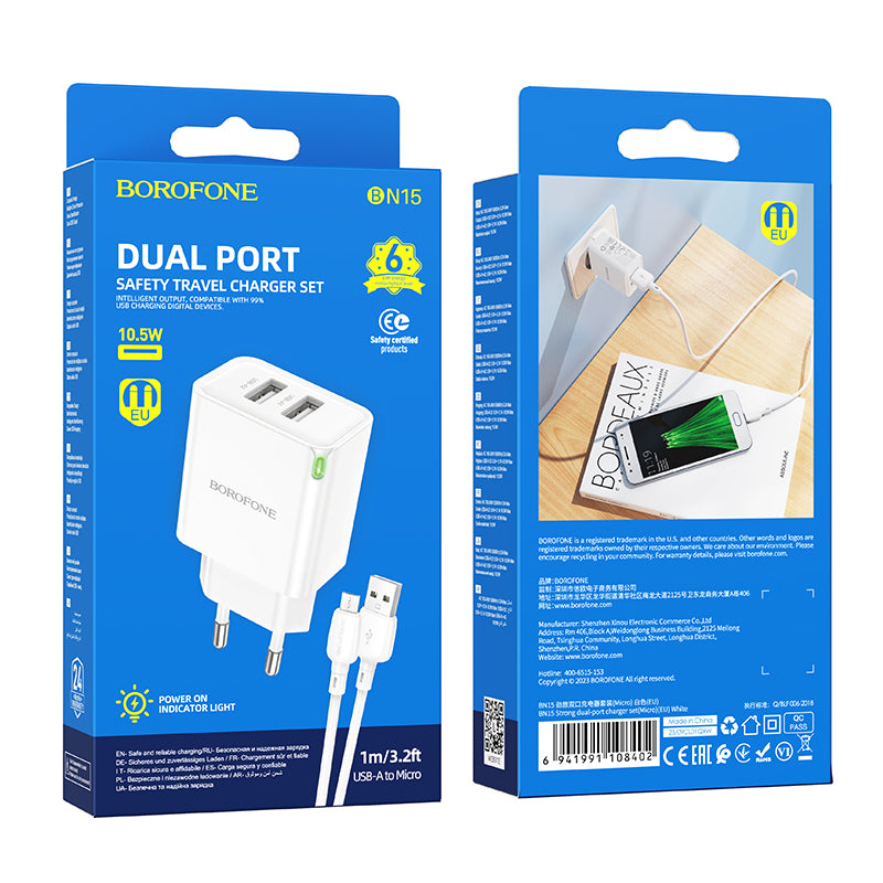 Chargeur réseau avec câble microUSB Borofone BN15 Strong, 10.5W, 2.1A, 2 x USB-A, Blanc