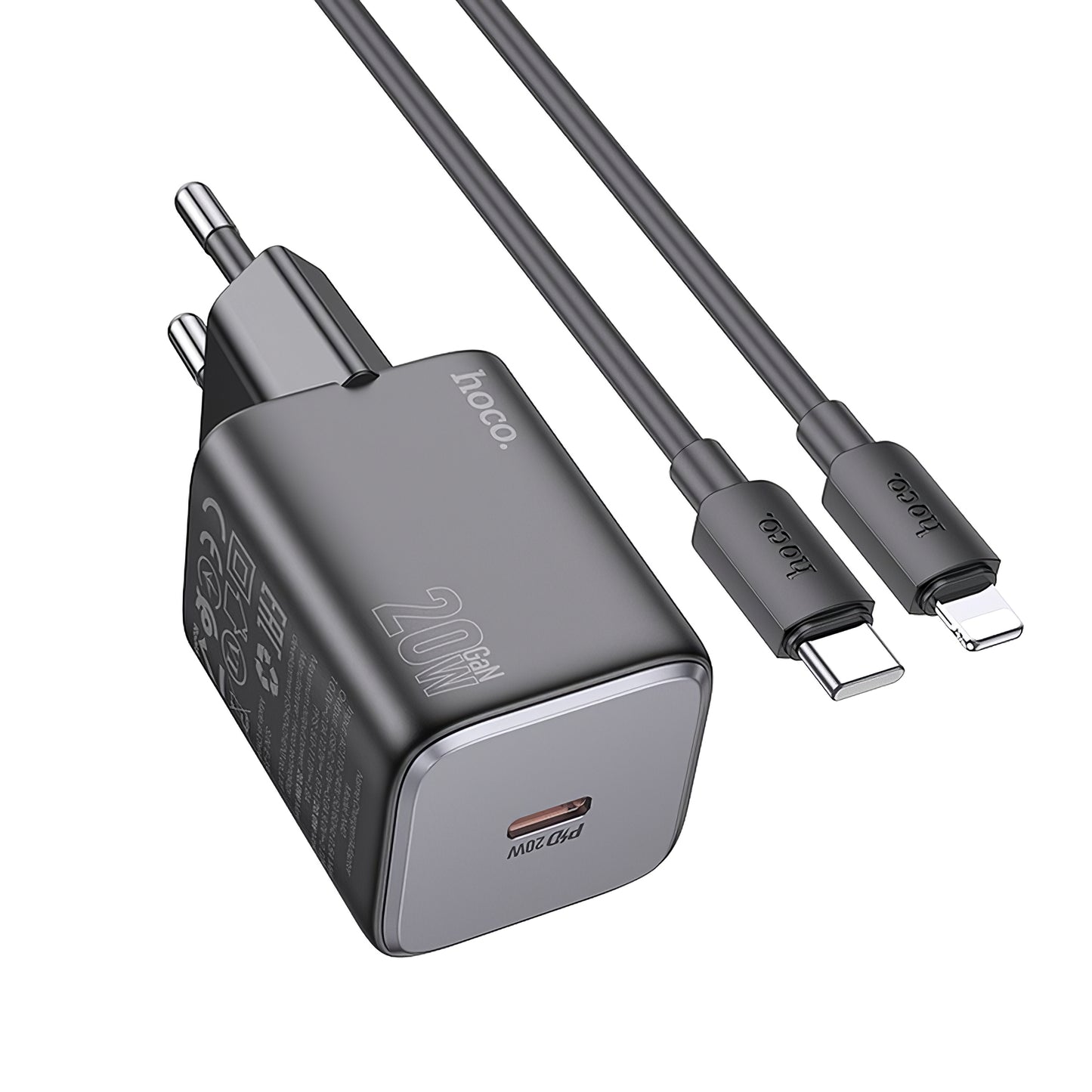 Chargeur réseau avec câble Lightning HOCO N40, 20W, 3A, 1 x USB-C, noir
