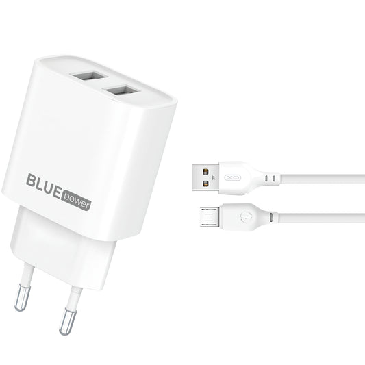 Blue Power BPCE02M Chargeur réseau avec câble microUSB BPCE02M, 10.5W, 2.1A, 2 x USB-A, Blanc