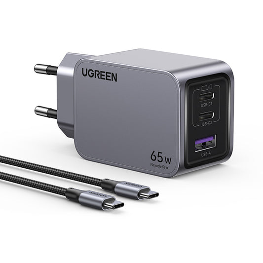 Chargeur réseau avec câble USB-C UGREEN X755 Nexode Pro, 65W, 3A, 1 x USB-A - 2 x USB-C, Gris