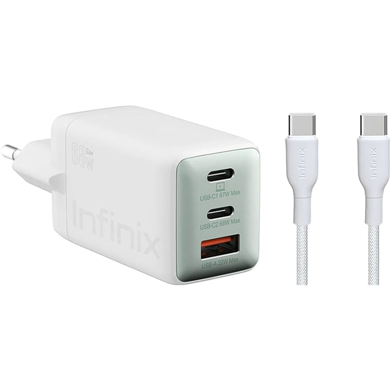 Netzladegerät mit USB-C Kabel Infinix XC07868EU + XDC95, 68W, 6.2A, 1 x USB-A - 2 x USB-C, Weiß