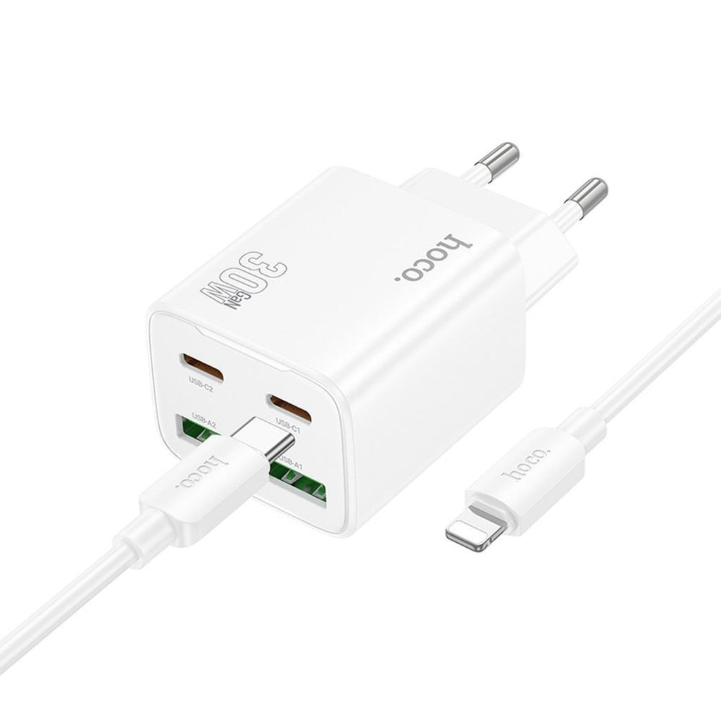Chargeur Réseau avec Câble Lightning HOCO N56, 30W, 3A, 2 x USB-A - 2 x USB-C, Blanc