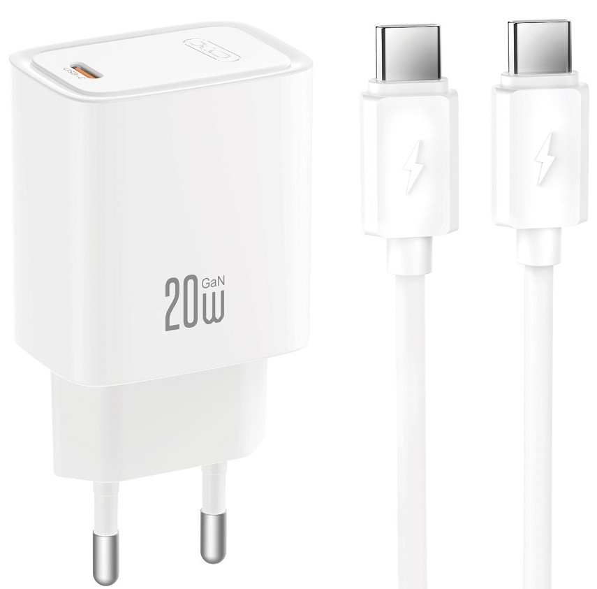 XO Design CE51 Mains Charger with USB-C Cable, 20W, 3A, 1 x USB-C, White
