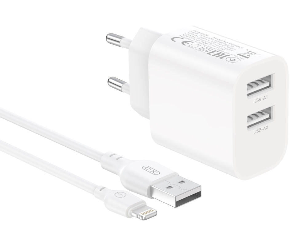 XO Design CE55 Netzladegerät mit Lightning-Kabel, 12 W, 2,4 A, 2 x USB-A, Weiß