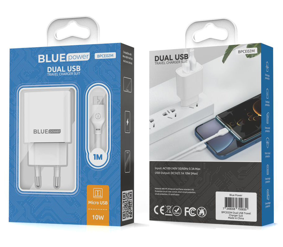 Blue Power BPCE02M Netzwerk-Ladegerät mit microUSB-Kabel BPCE02M, 10.5W, 2.1A, 2 x USB-A, Weiß