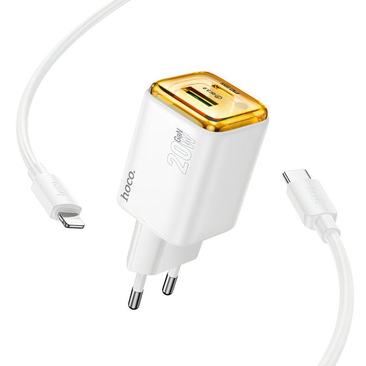 Chargeur réseau avec câble Lightning HOCO N52, 20W, 3A, 1 x USB-A - 1 x USB-C, Blanc