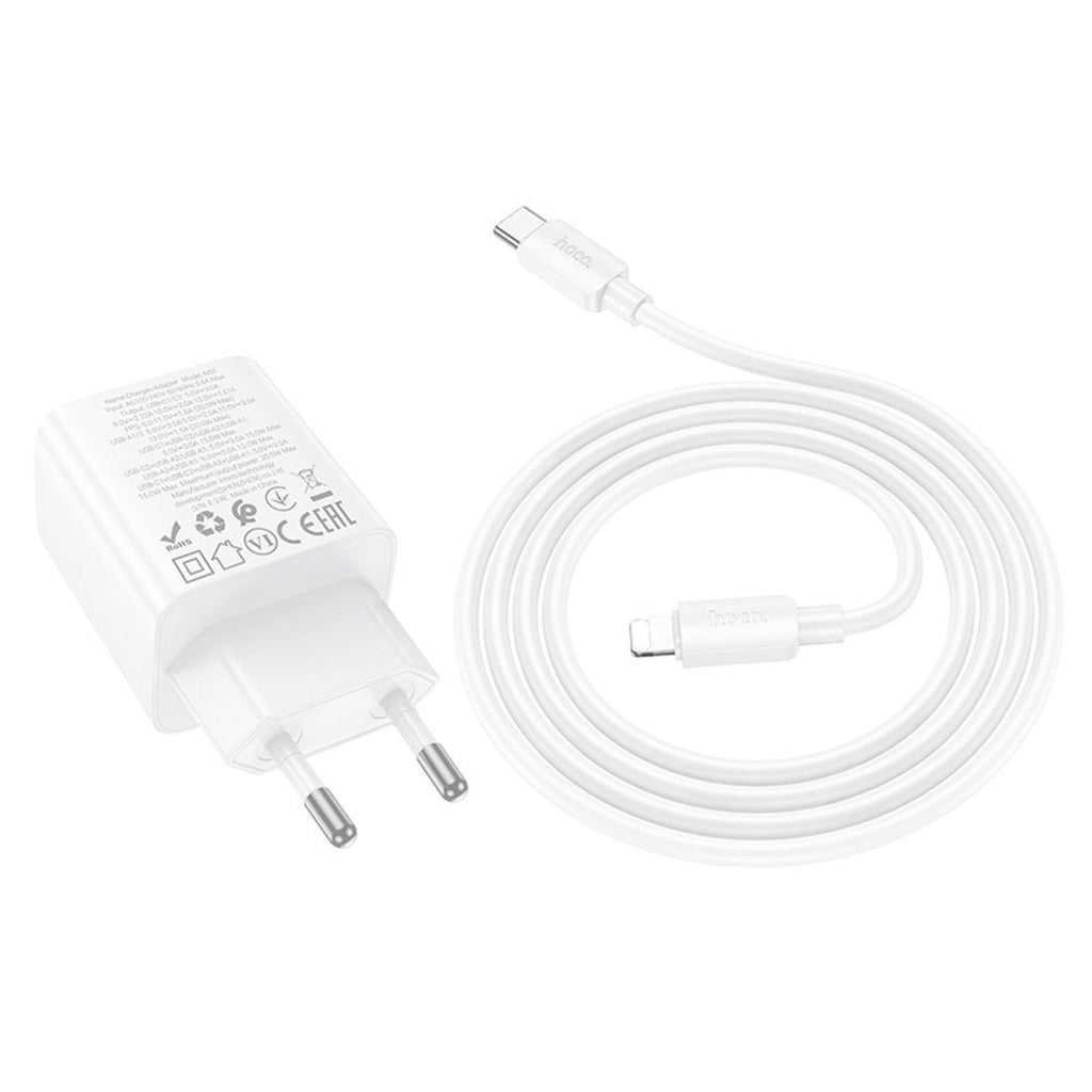 Chargeur Réseau avec Câble Lightning HOCO N56, 30W, 3A, 2 x USB-A - 2 x USB-C, Blanc