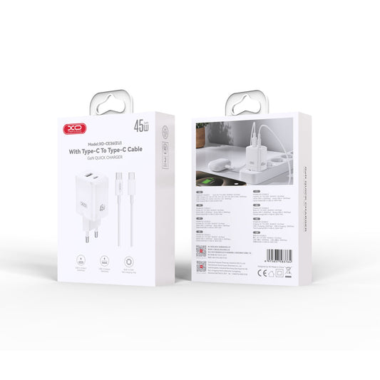 Chargeur réseau avec câble USB-C XO Design CE36, 45W, 3A, 1 x USB-A - 1 x USB-C, Blanc