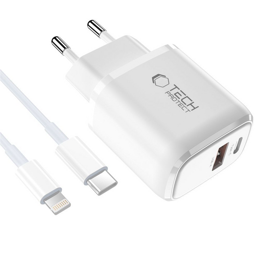 Chargeur secteur avec câble Lightning Tech-Protect NCA20, 20W, 3A, 1 x USB-A - 1 x USB-C, Blanc