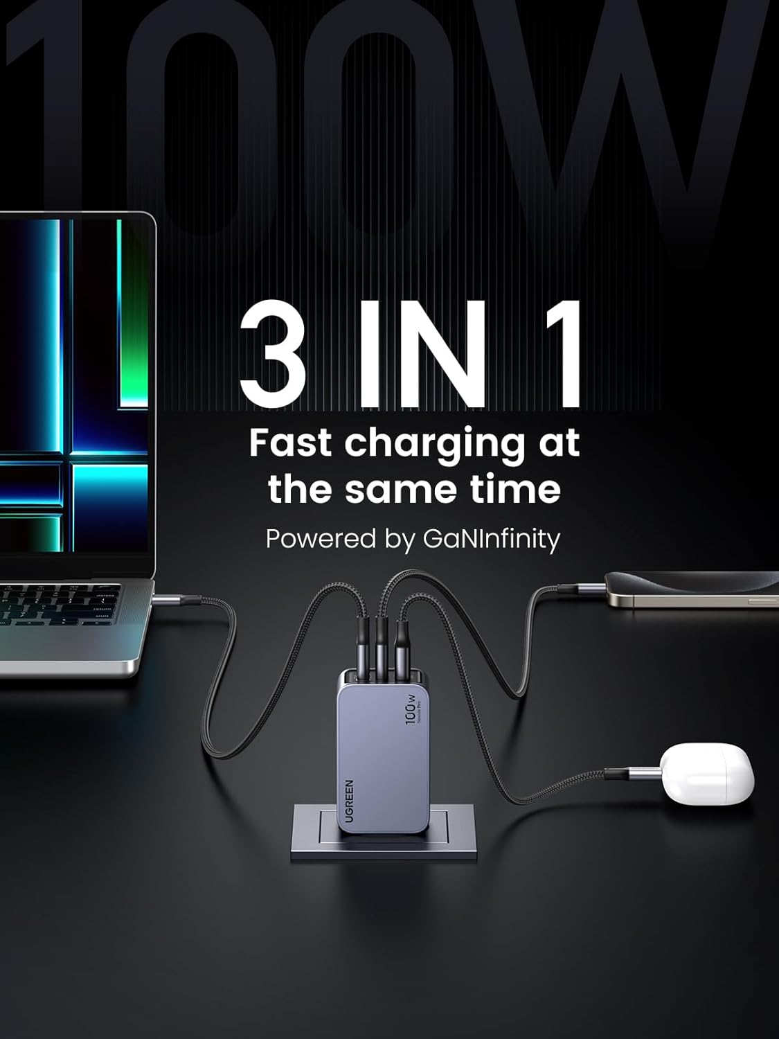 UGREEN X757 Nexode Pro USB-C Kabel Netzwerk-Ladegerät, 100W, 3A, 1 x USB-A - 2 x USB-C, Grau