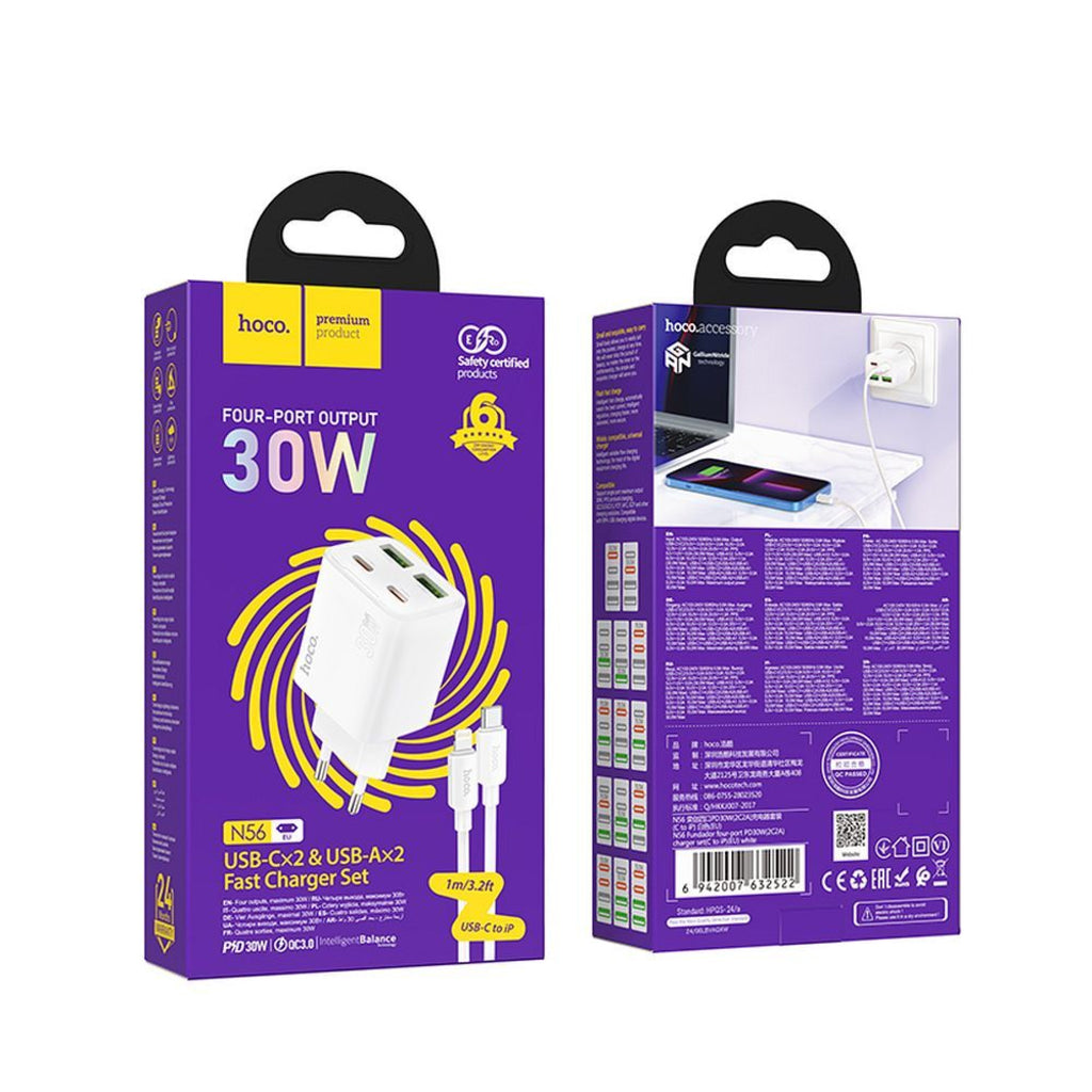 Chargeur Réseau avec Câble Lightning HOCO N56, 30W, 3A, 2 x USB-A - 2 x USB-C, Blanc
