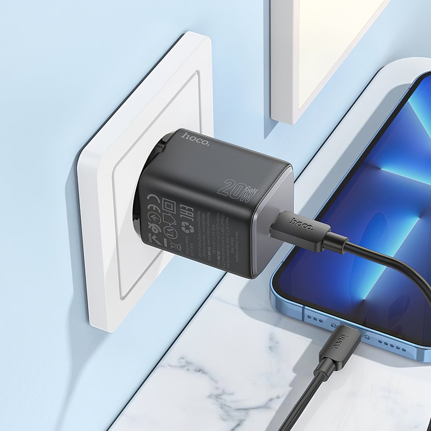 Chargeur réseau avec câble Lightning HOCO N40, 20W, 3A, 1 x USB-C, noir