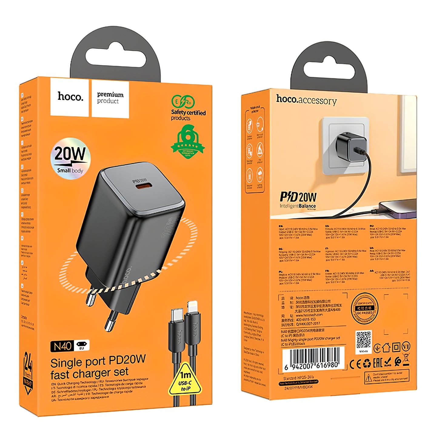 Chargeur réseau avec câble Lightning HOCO N40, 20W, 3A, 1 x USB-C, noir