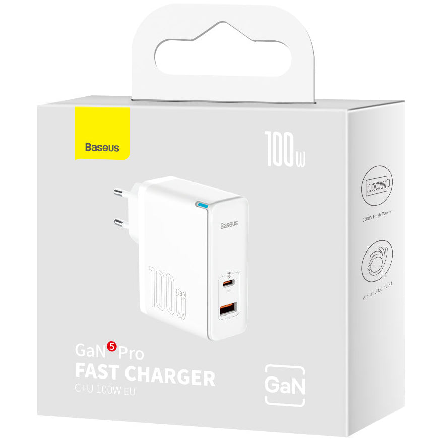 Netzladegerät mit USB-C Kabel Baseus GaN5 Pro, 100W, 3A, 1 x USB-A - 1 x USB-C, Weiß CCGP090202