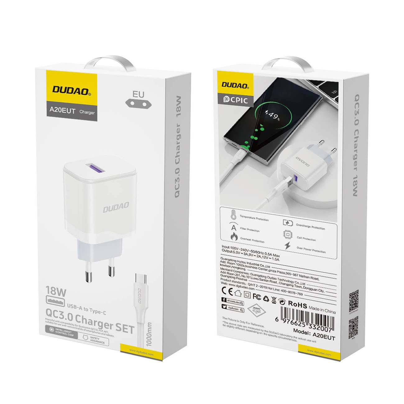 Chargeur réseau avec câble USB-C Dudao A20EU, 18W, 3A, 1 x USB-A, Blanc