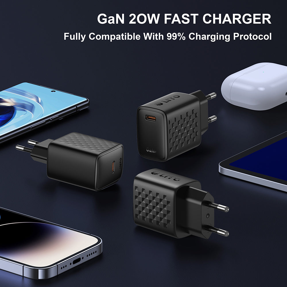 Chargeur réseau avec câble Lightning Lito LC13L, 20W, 3A, 1 x USB-C, Noir