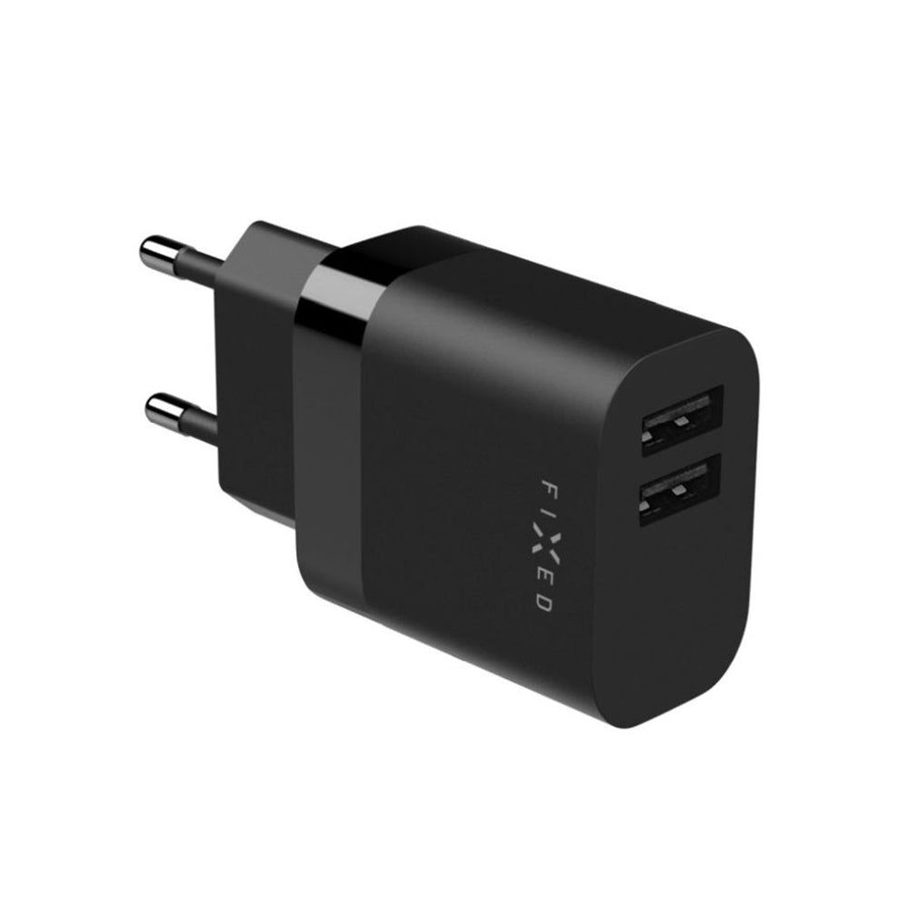Netzladegerät mit microUSB-Kabel Fixed, 17W, 3A, 2 x USB-A, Schwarz