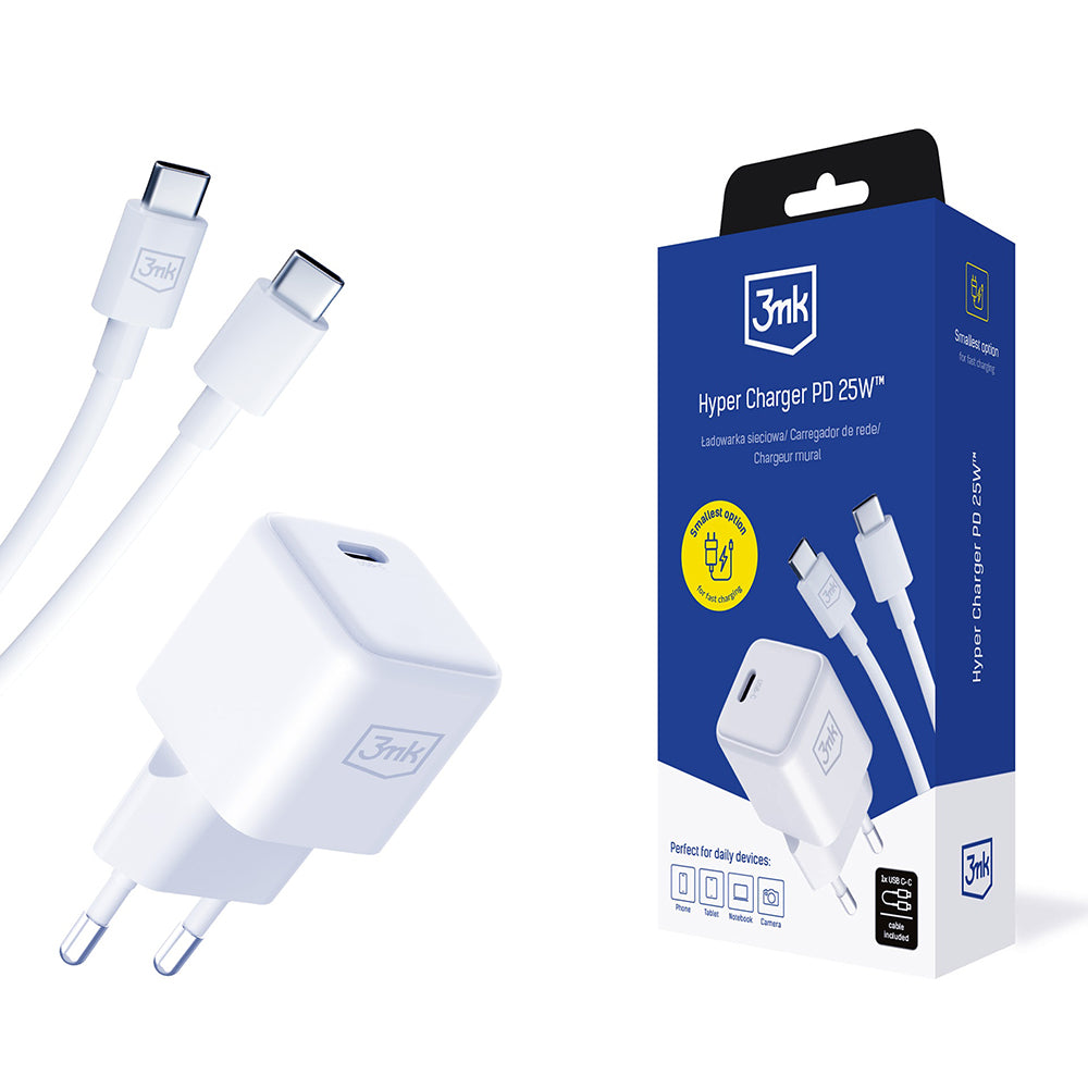 Chargeur réseau avec câble USB-C 3MK Hyper, 25W, 3A, 1 x USB-C, Blanc