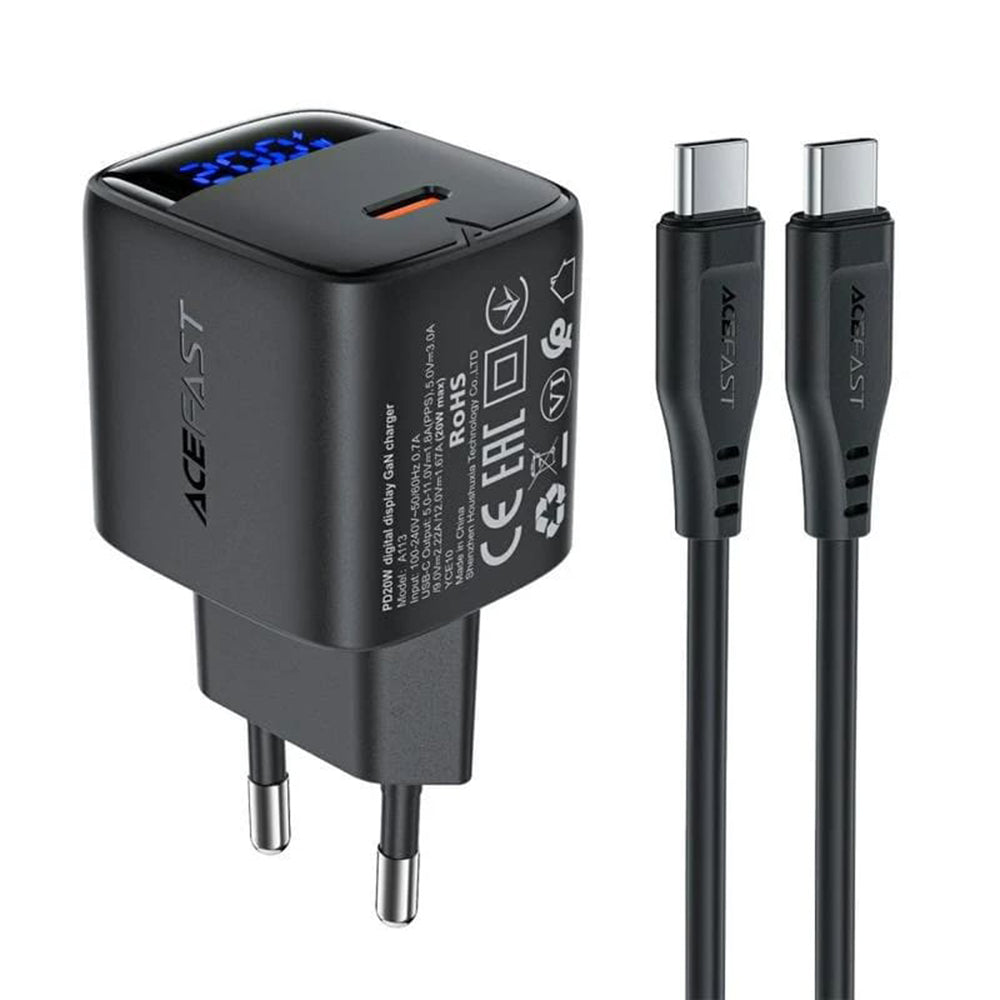 Chargeur réseau avec câble USB-C Acefast A113 Display, 20W, 3A, 1 x USB-C, Noir