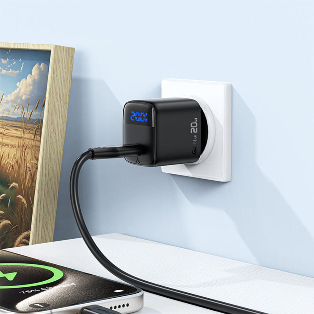 Chargeur réseau avec câble USB-C Acefast A113 Display, 20W, 3A, 1 x USB-C, Noir
