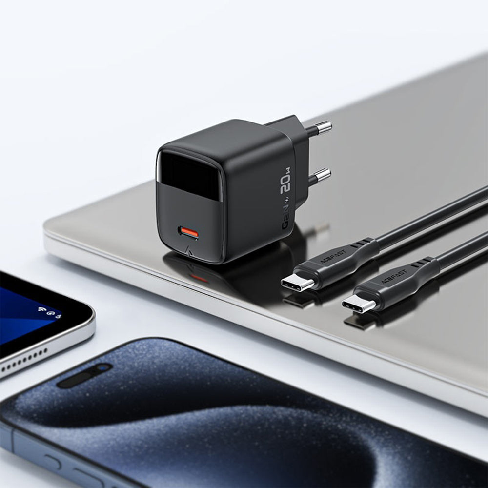 Chargeur réseau avec câble USB-C Acefast A113 Display, 20W, 3A, 1 x USB-C, Noir