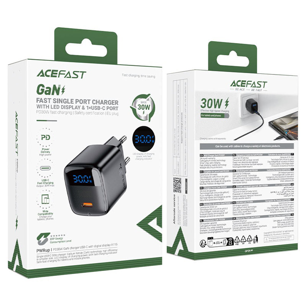 Chargeur réseau avec câble USB-C Acefast A113 Display, 20W, 3A, 1 x USB-C, Noir