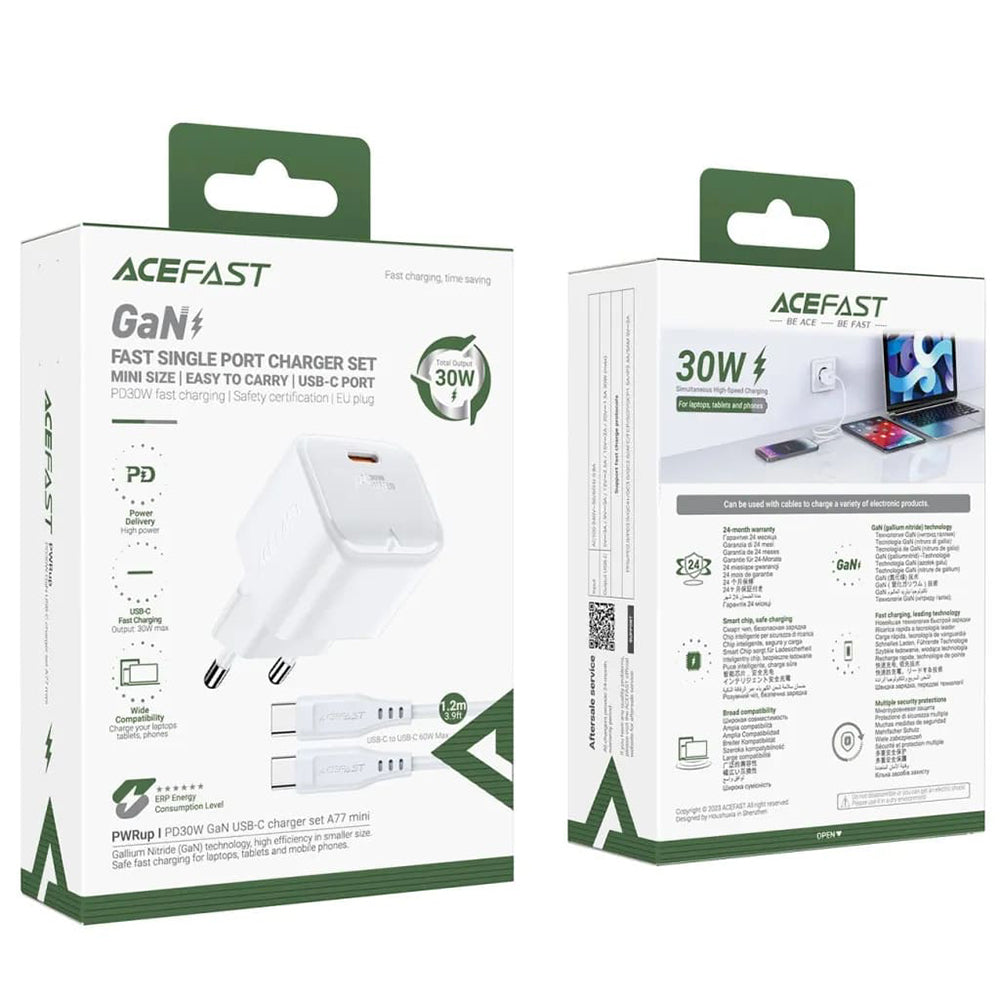 Chargeur réseau avec câble USB-C Acefast A77, 30W, 3A, 1 x USB-C, Blanc