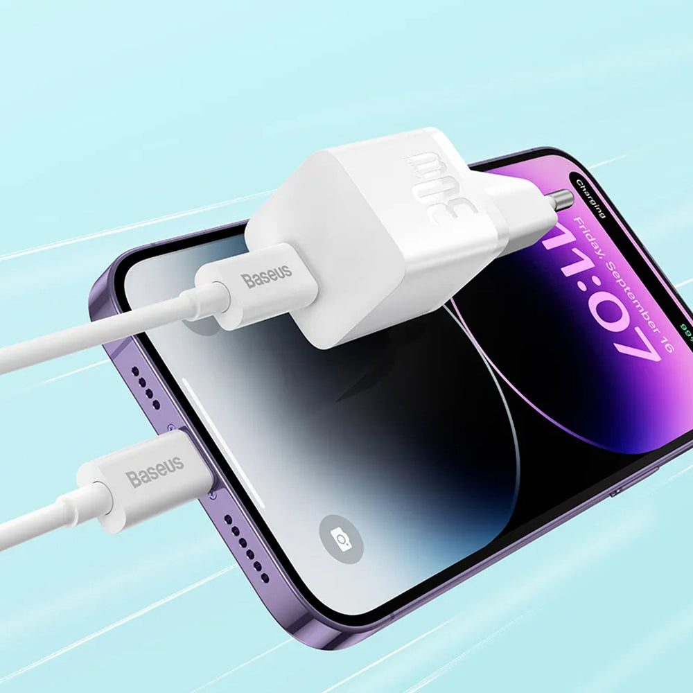Chargeur Réseau avec Câble USB-C Baseus GaN Mini 1C, 30W, 3A, 1 x USB-C, Bleu P10110902313-00