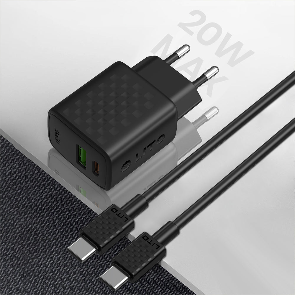 Netzladegerät mit USB-C Kabel Lito LC15T, 20W, 3A, 1 x USB-A - 1 x USB-C, Schwarz