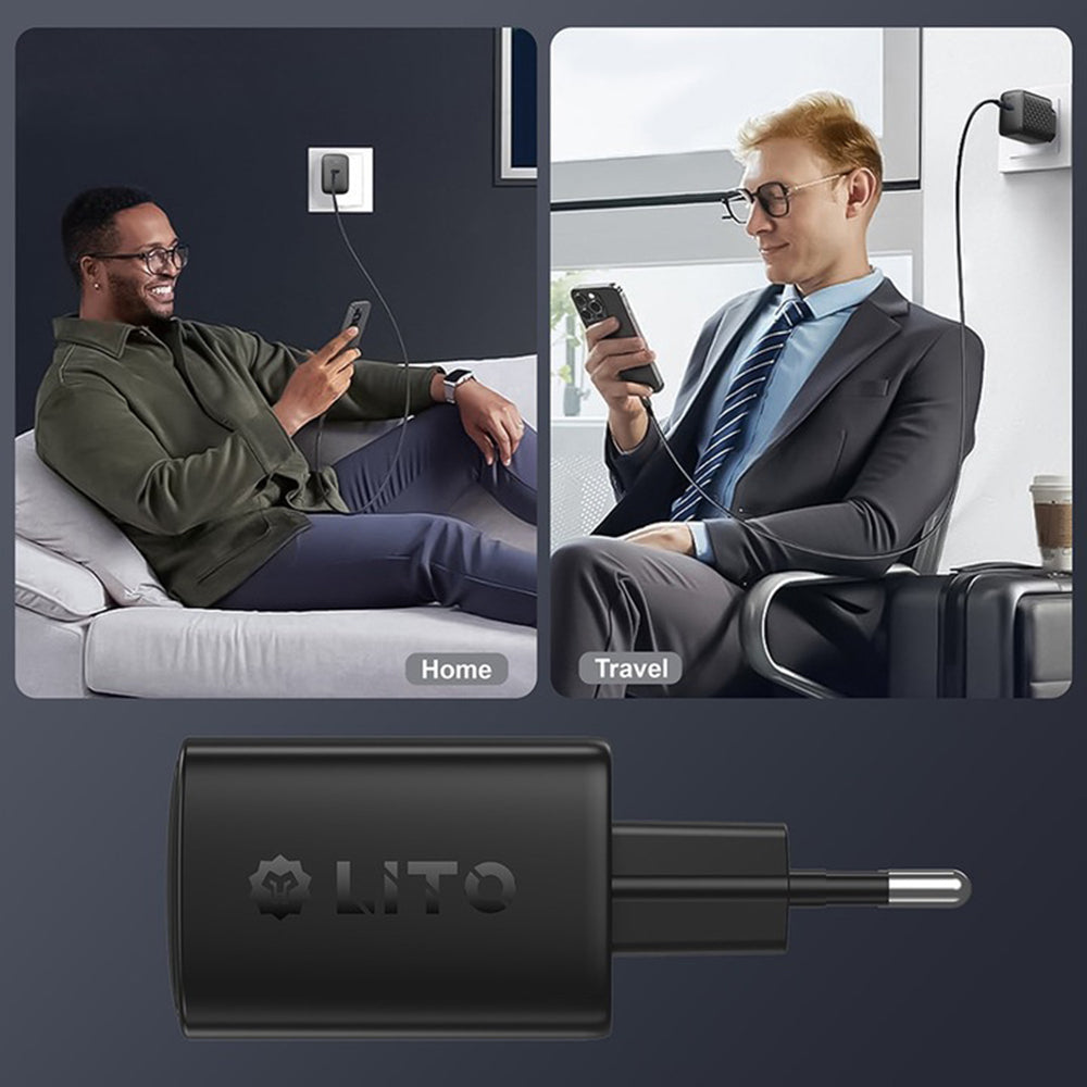 Chargeur réseau avec câble USB-C Lito LC22T, 45W, 3A, 2 x USB-C, Noir