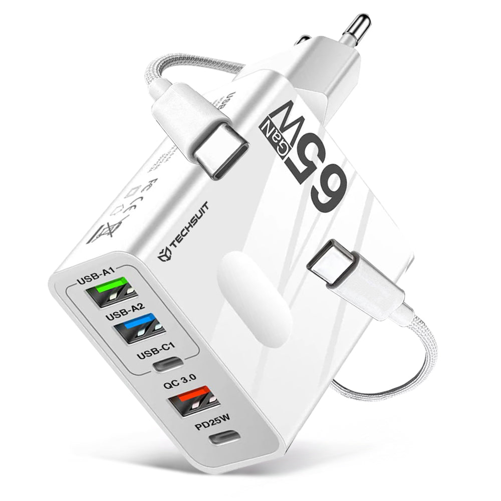 Netzladegerät mit USB-C Kabel Techsuit CHC1 PentaXPower, 25W, 3A, 3 x USB-A - 2 x USB-C, Weiß