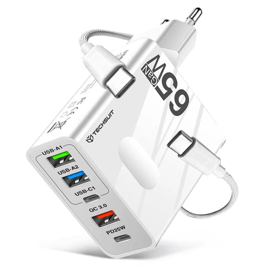 Netzladegerät mit USB-C Kabel Techsuit CHC1 PentaXPower, 25W, 3A, 3 x USB-A - 2 x USB-C, Weiß