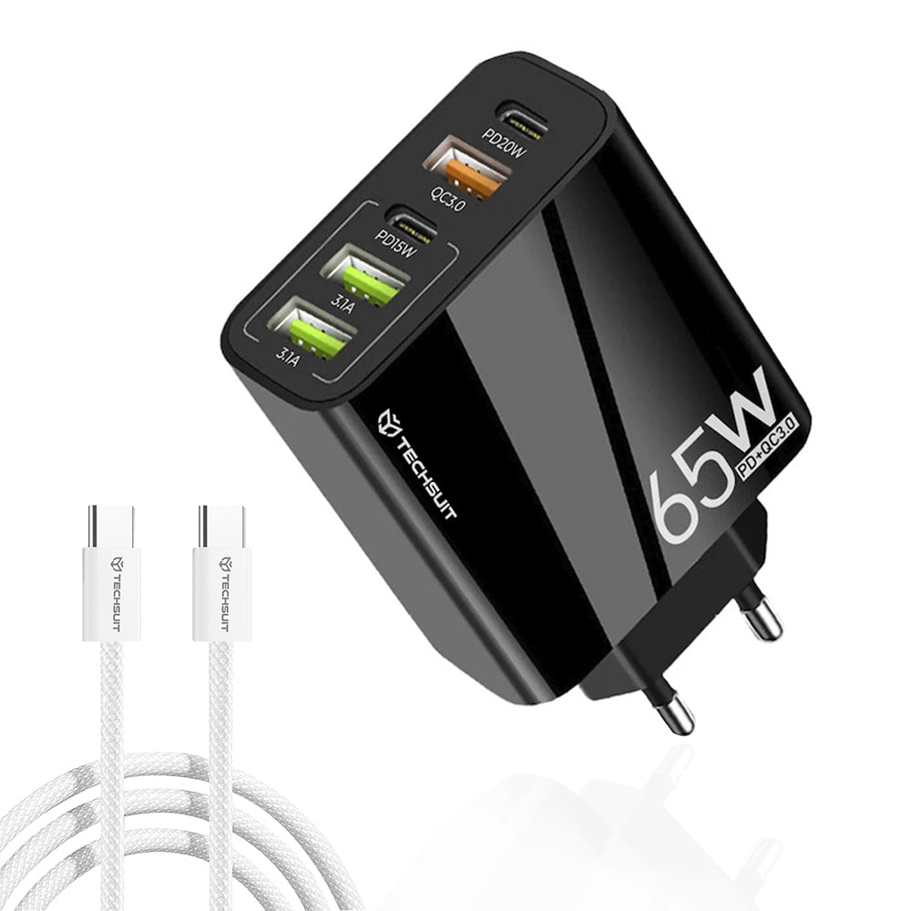 Netzladegerät mit USB-C Kabel Techsuit CHC2 PentaXPower, 20W, 3A, 3 x USB-A - 2 x USB-C, Schwarz