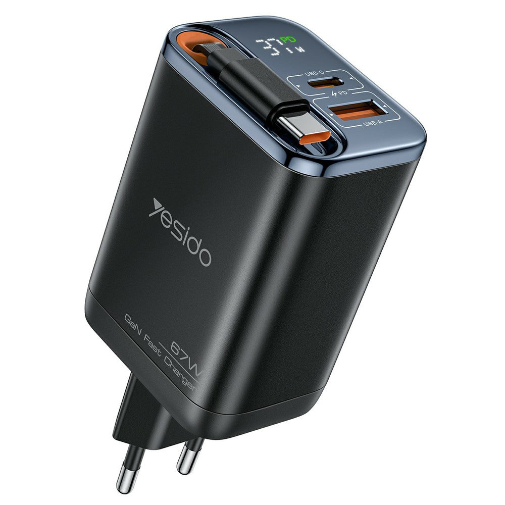 Chargeur réseau avec câble USB-C Yesido YC100 Display, 67W, 3.35A, 1 x USB-A - 1 x USB-C, Noir