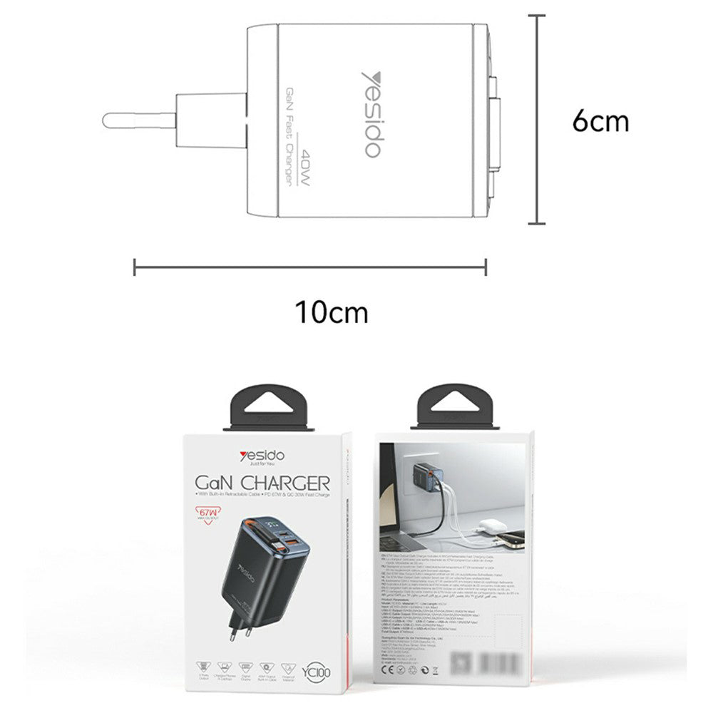 Chargeur réseau avec câble USB-C Yesido YC100 Display, 67W, 3.35A, 1 x USB-A - 1 x USB-C, Noir