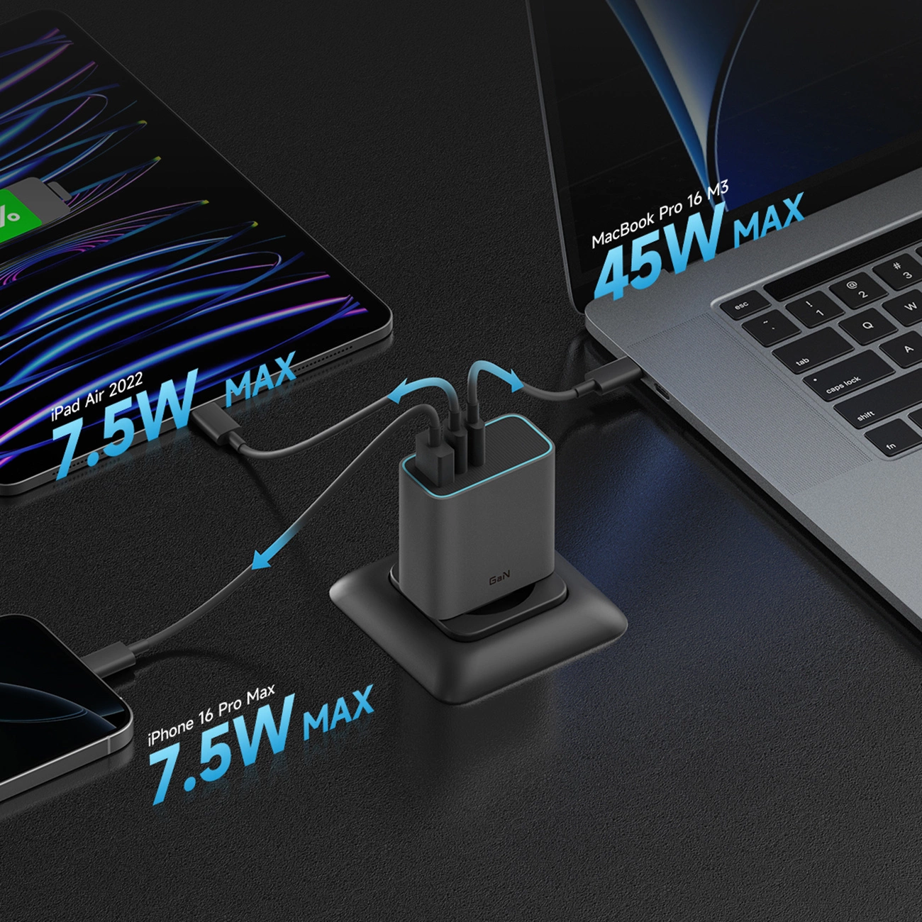 Netzladegerät Cuktech, 65W, 3A, 1 x USB-A - 2 x USB-C, Grau CUKAD653EUGR