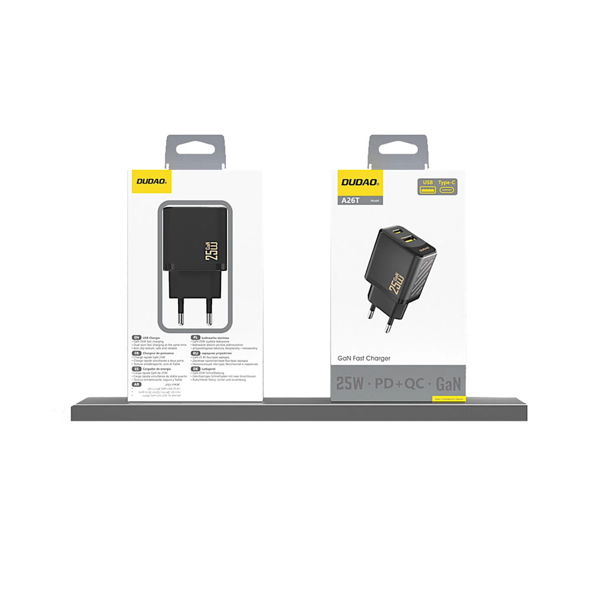 Dudao A26T Network Charger, 25W, 3A, 1 x USB-A - 1 x USB-C, Black