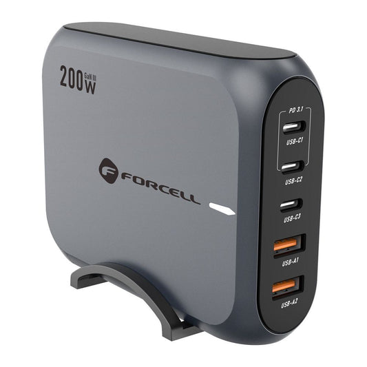 Chargeur réseau Forcell F-ENERGY GaN III VT-51, 200W, 5A, 2 x USB-A - 3 x USB-C, Gris