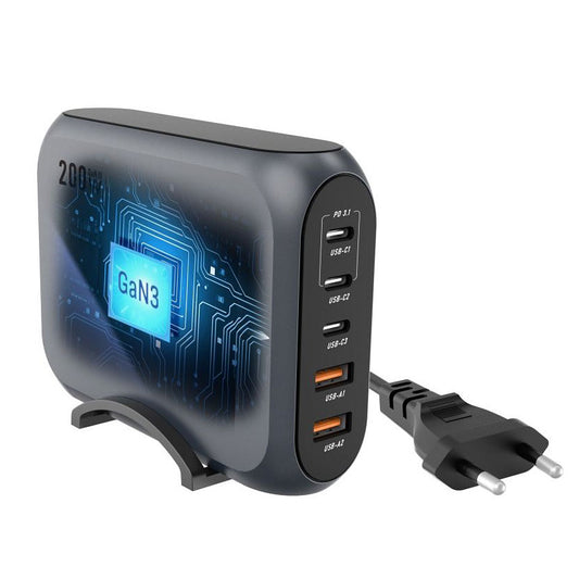 Chargeur réseau Forcell F-ENERGY GaN III VT-51, 200W, 5A, 2 x USB-A - 3 x USB-C, Gris
