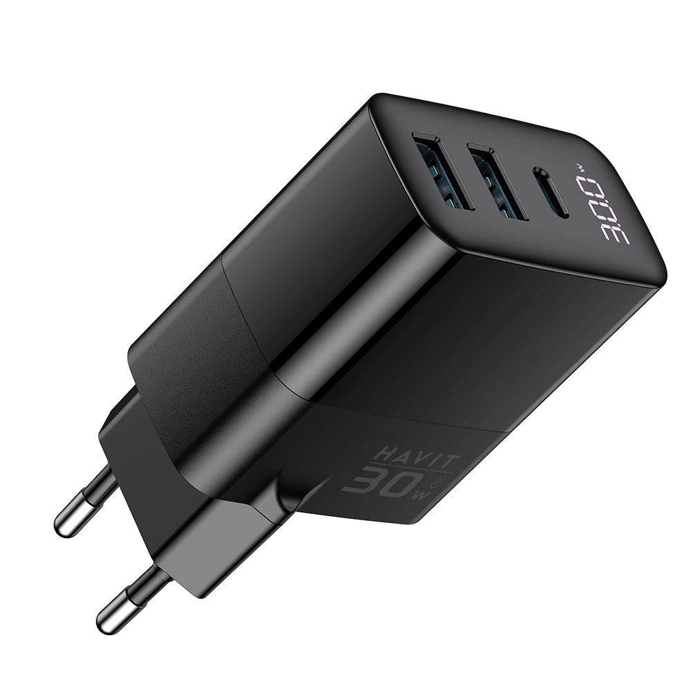 Chargeur Réseau HAVIT UCLE001, 30W, 3A, 2 x USB-A - 1 x USB-C, Noir
