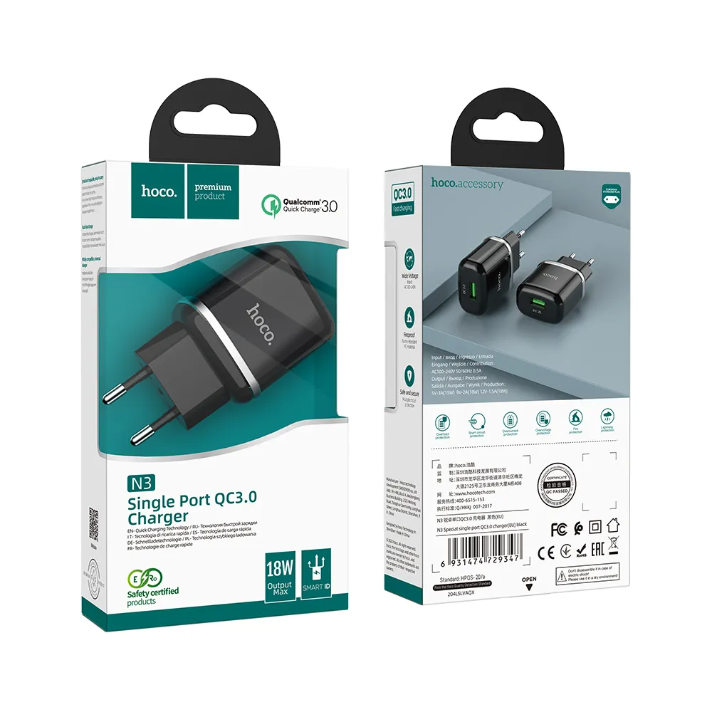 Chargeur Secteur HOCO N3, 18W, 3A, 1 x USB-A, Noir