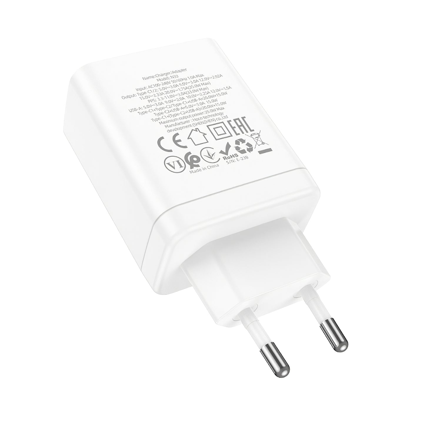 Chargeur réseau HOCO N33, 35W, 3A, 1 x USB-A - 2 x USB-C, blanc