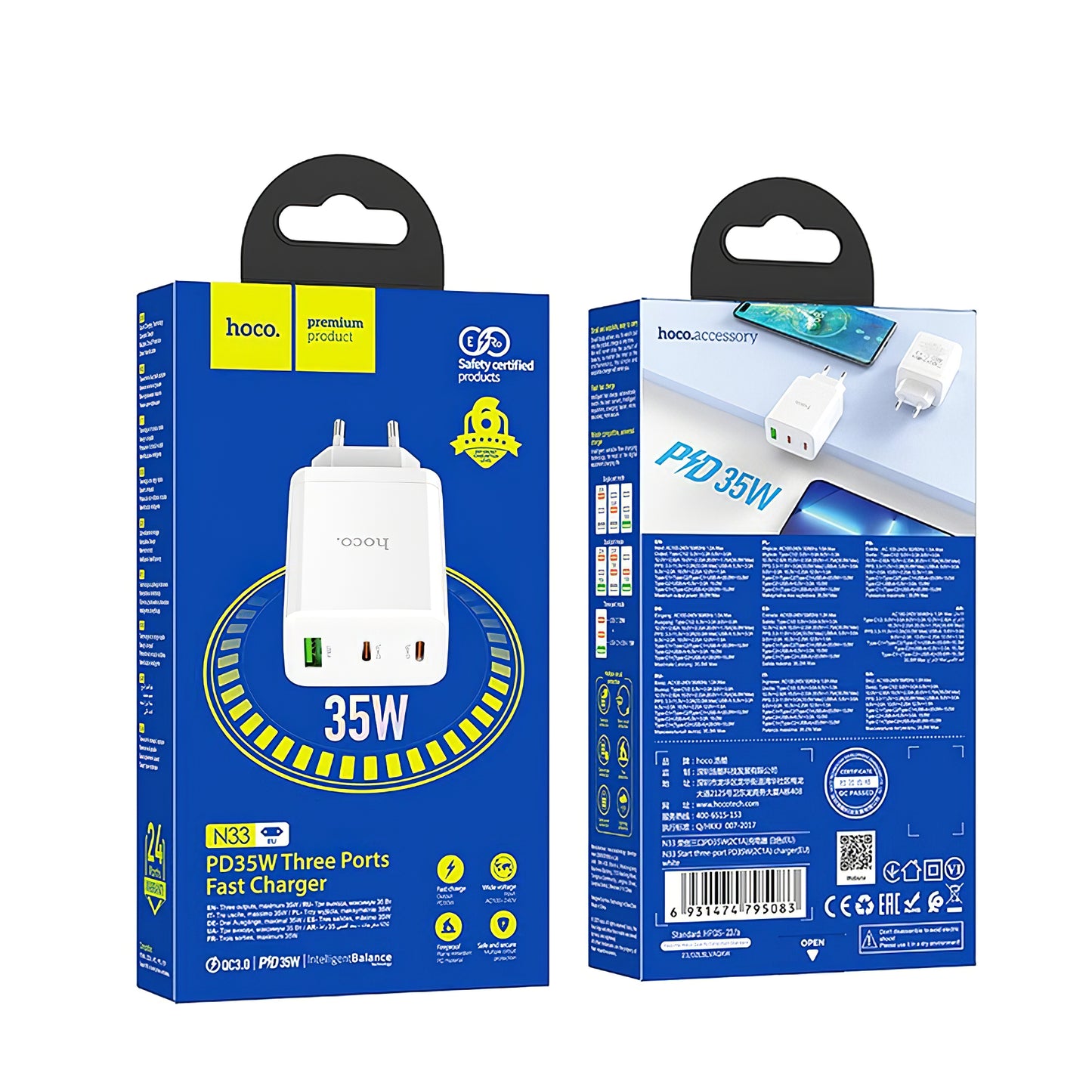 Chargeur réseau HOCO N33, 35W, 3A, 1 x USB-A - 2 x USB-C, blanc